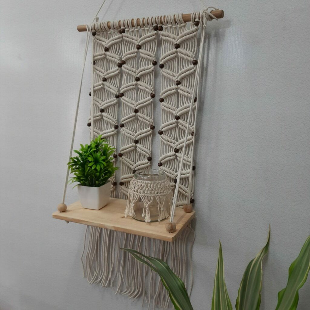 Avioni Home Boho Collection – Hand Knotted Macrame Hanging Single Shelf With Pine Wood Shelf- 40 cms x 50 cms