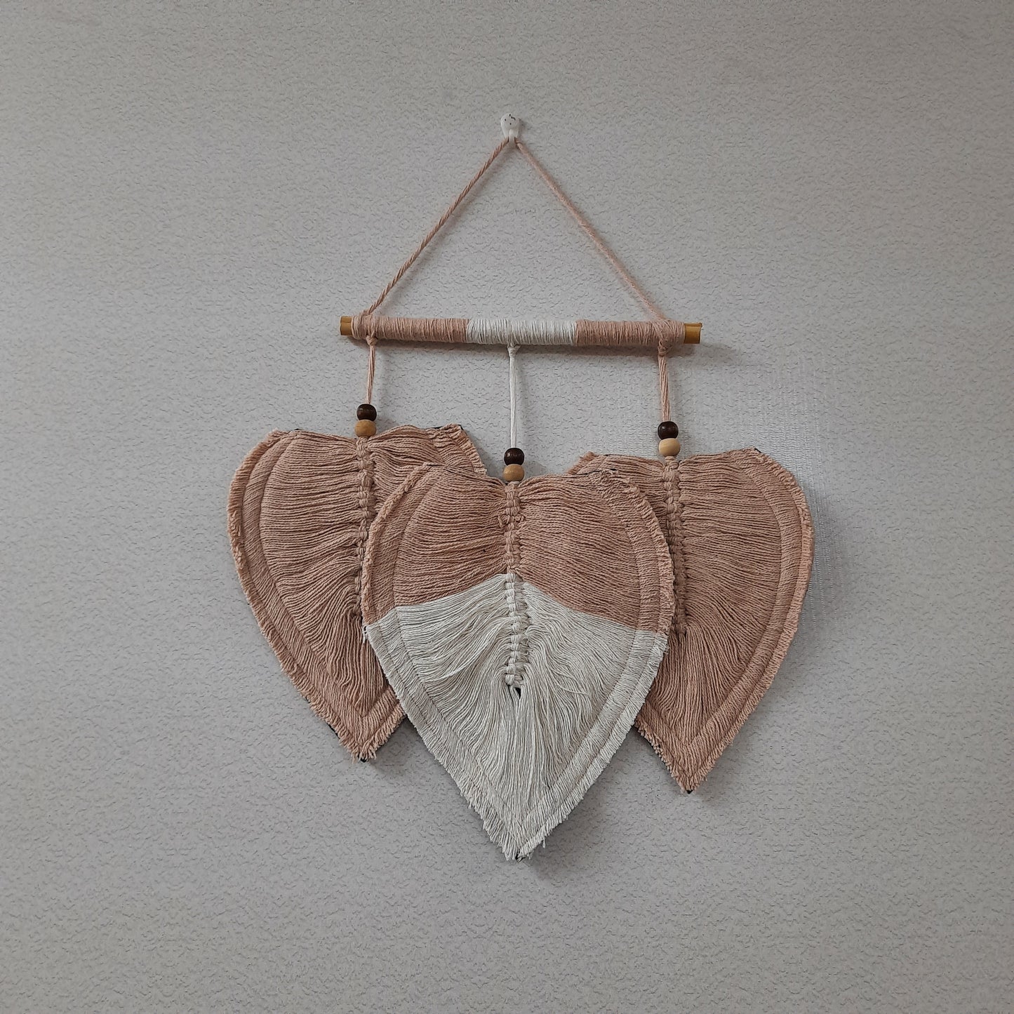 Avioni Feather Macrame Wall Hanging With Beads, Macrame Knotted Wall Tapestry, Living Room Bedroom Interior Decor-Peach And White-38 cms x 27 cms