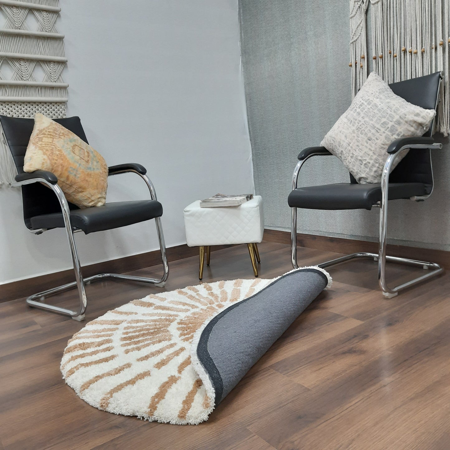 Avioni Home Atlas Collection - Moroccan Style Microfiber Round Carpet In Beige & White| Soft, Non-Slip, Easy to Clean