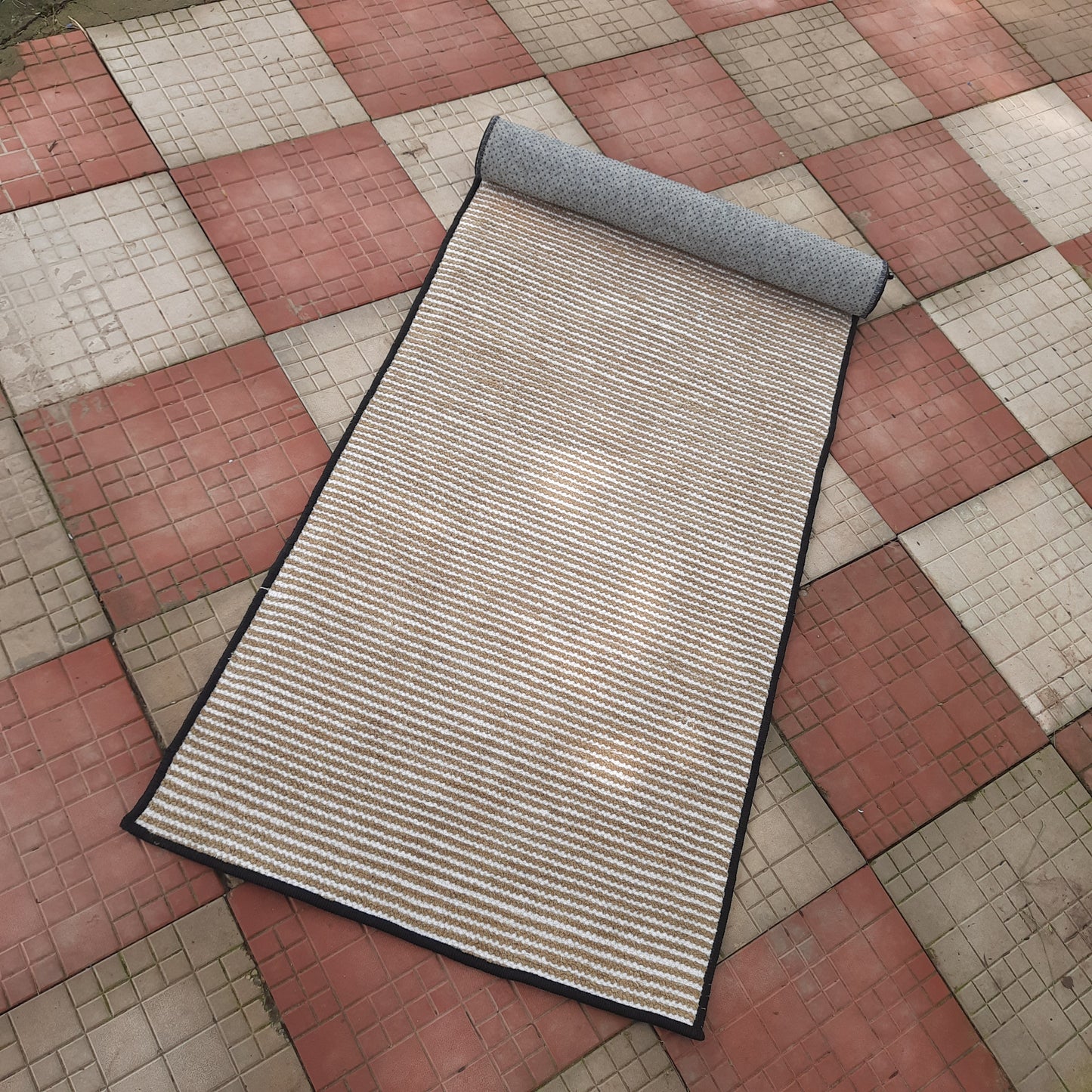 Avioni Luxury Soft Premium Chenille Stripe-Brown & White- Yoga Mat 60cm x 180cm (~2×5.5 Feet)