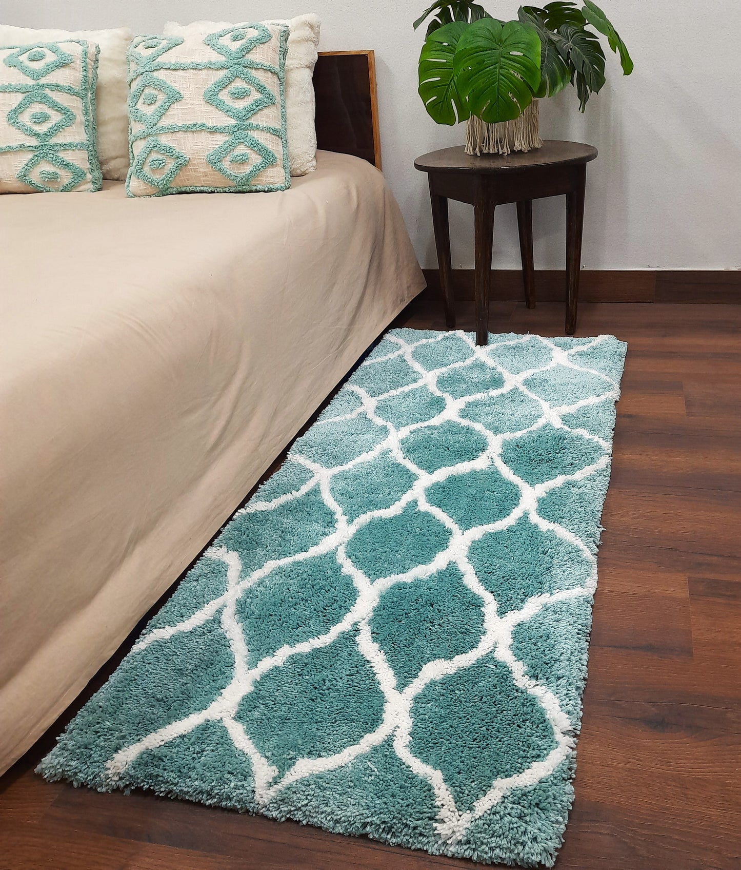 Handloom Shaggy Aqua Blue Carpet With White Moroccan Design /Bedside Runners by Avioni Home