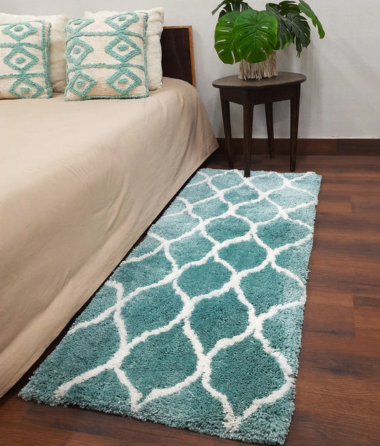 Handloom Shaggy Aqua Blue Carpet With White Moroccan Design /Bedside Runners by Avioni Home
