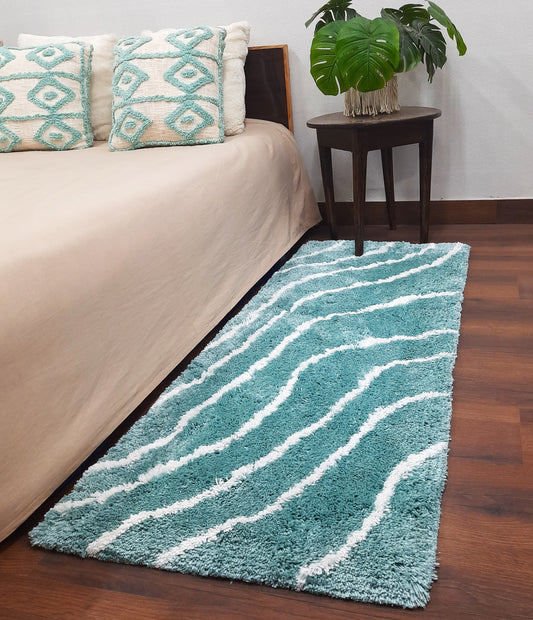 Handloom Shaggy Aqua Carpet With White Wave Design /Bedside Runners by Avioni Home