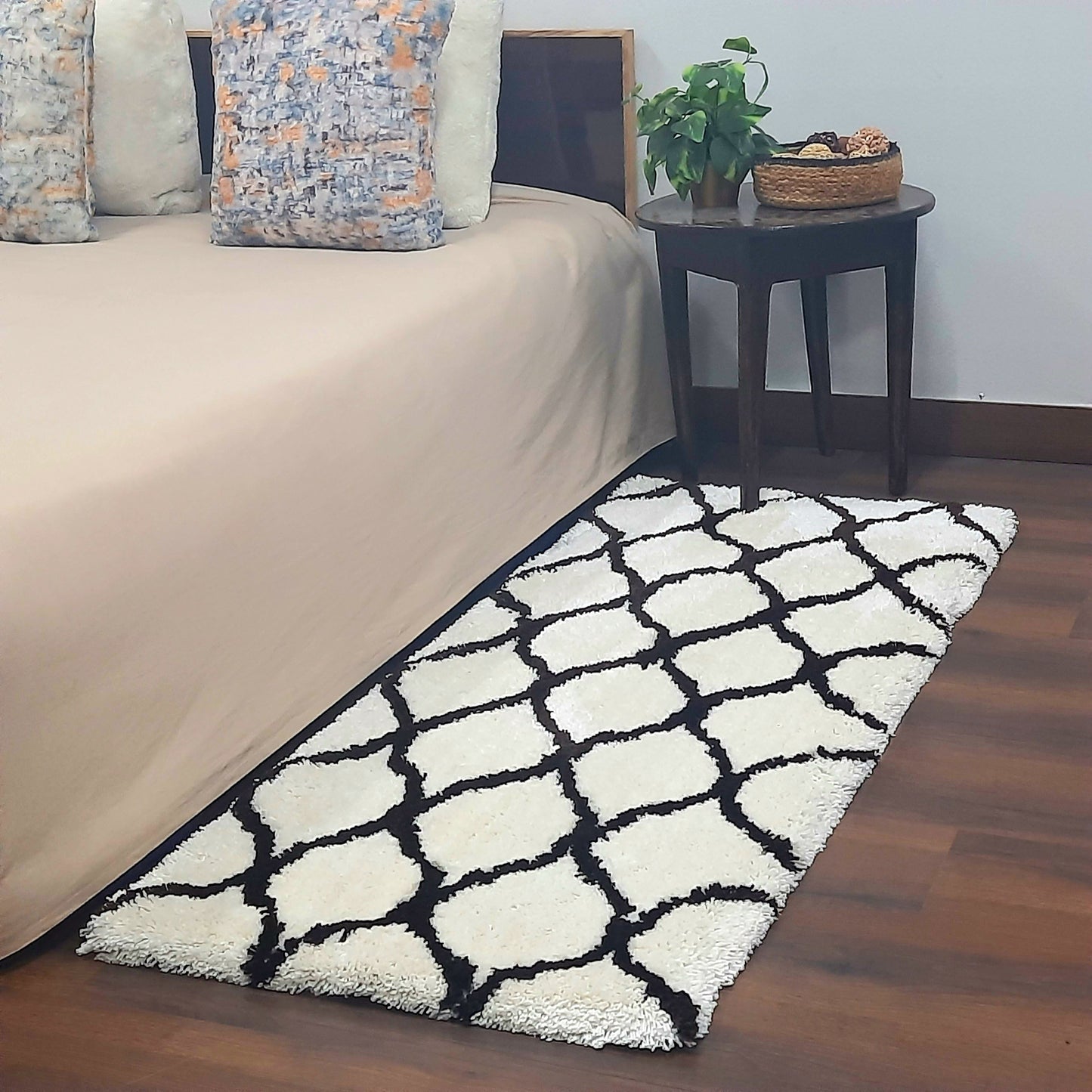 Plush Soft Washable Shaggy White Carpet With Black Moroccan Design /Bedside Runners by Avioni Home