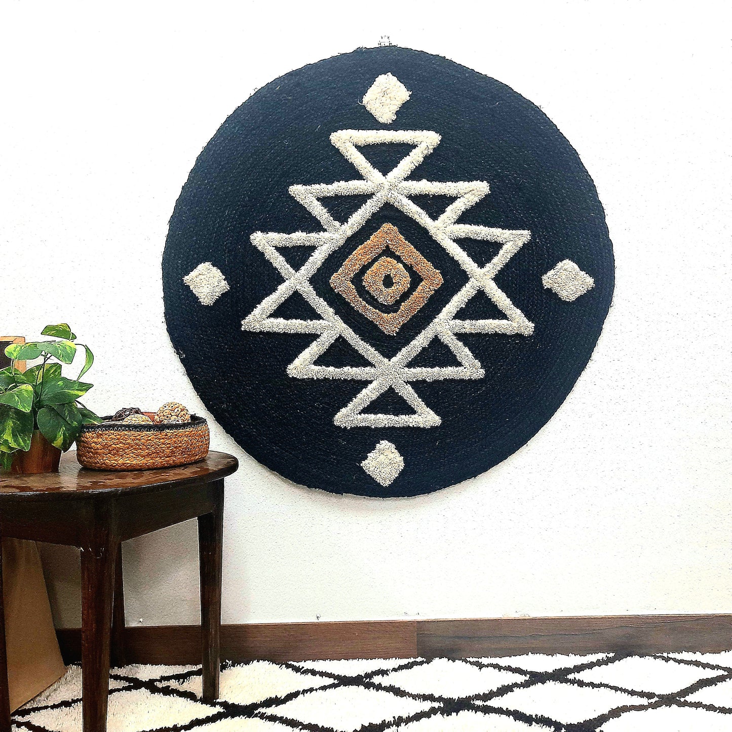Avioni Boho Wall Decor Collection | Round Handwoven Jute with Tufted Design | Black Base with White & Beige Color Design | Large Wall Art-90 cmsx 90 cms