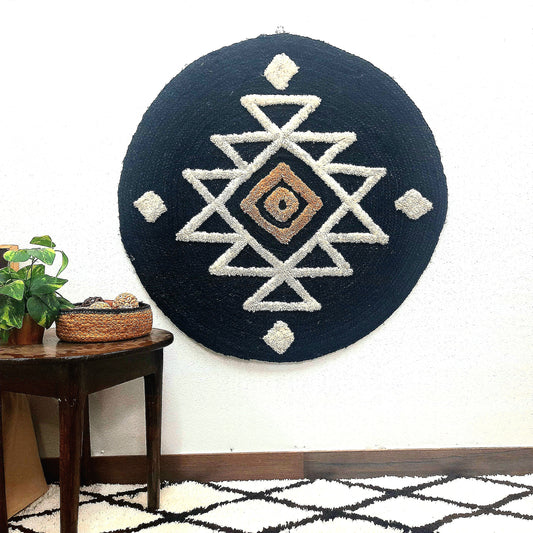 Avioni Boho Wall Decor Collection | Round Handwoven Jute with Tufted Design | Black Base with White & Beige Color Design | Large Wall Art-90 cmsx 90 cms
