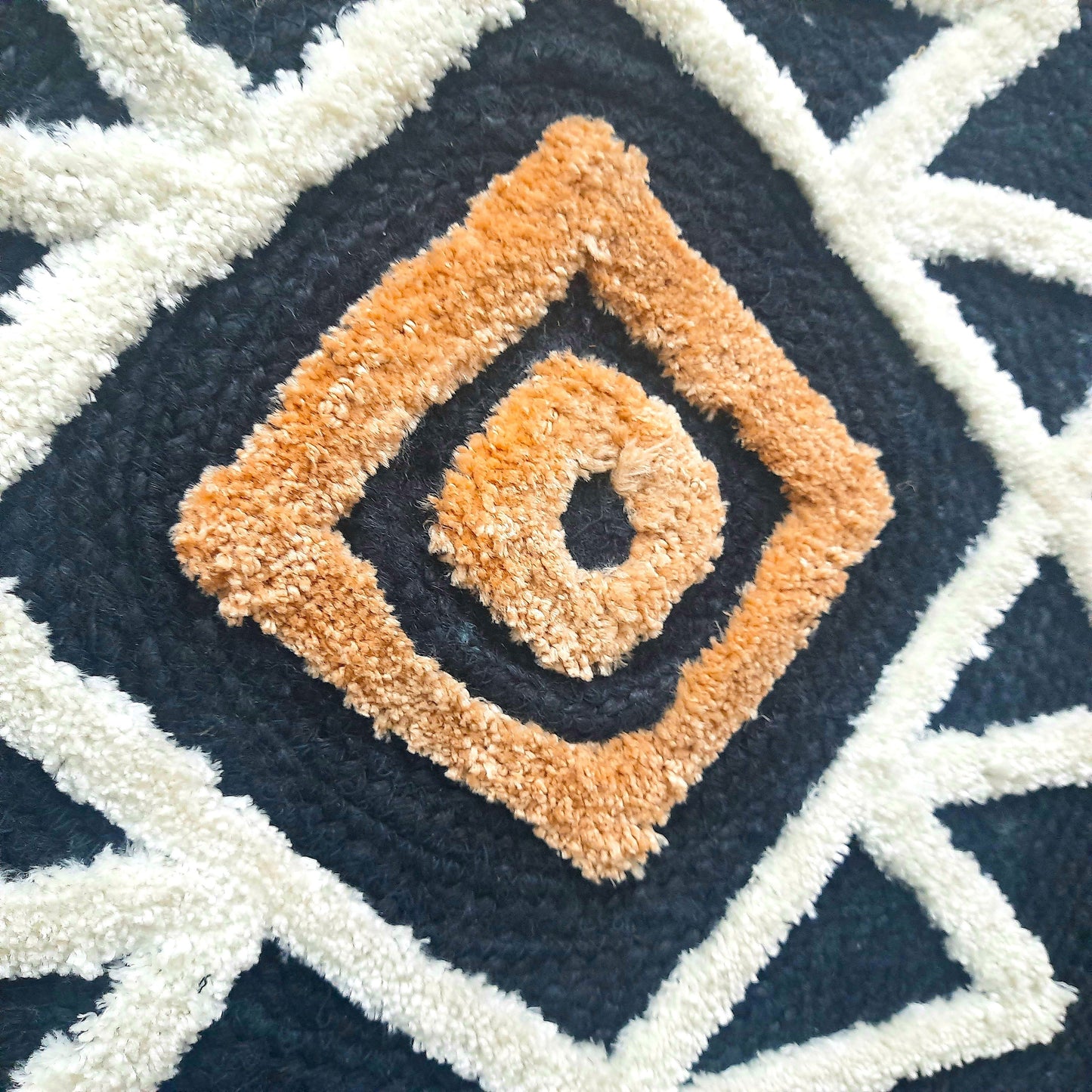 Avioni Boho Wall Decor Collection | Round Handwoven Jute with Tufted Design | Black Base with White & Beige Color Design | Large Wall Art-90 cmsx 90 cms