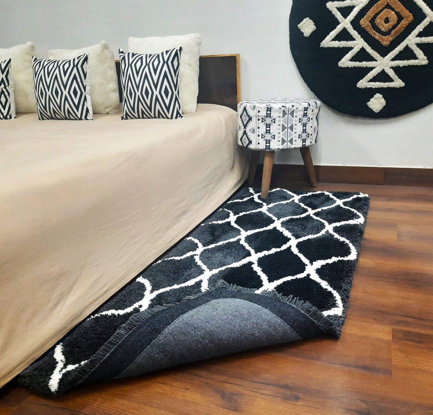 Plush Soft Washable Shaggy Black Carpet With White Moroccan Design /Bedside Runners by Avioni Home