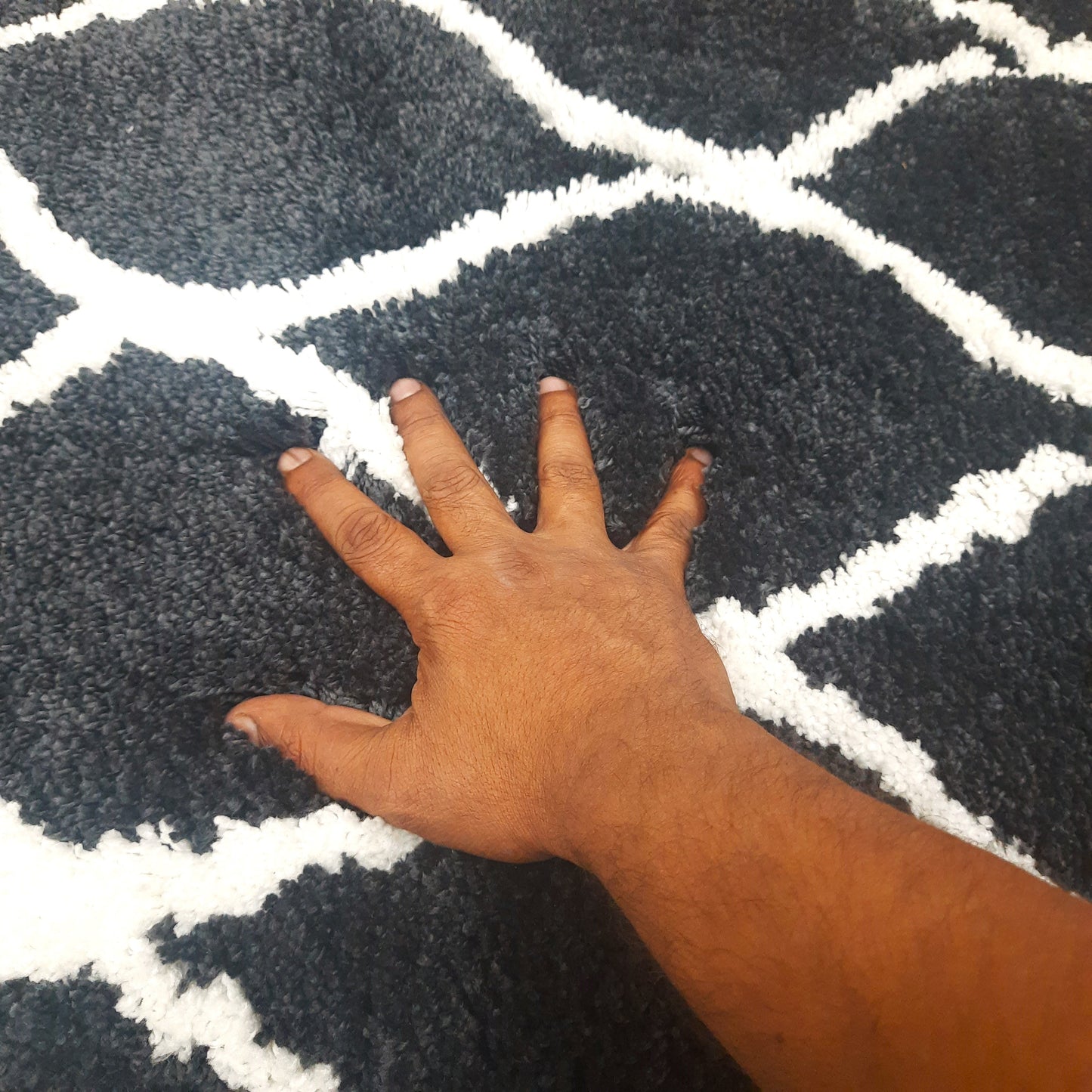 Plush Soft Washable Shaggy Black Carpet With White Moroccan Design /Bedside Runners by Avioni Home