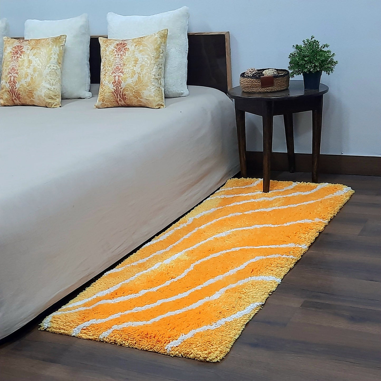 Premium Plush Shaggy Yellow Carpet With White Wave Design /Bedside Runners by Avioni Home