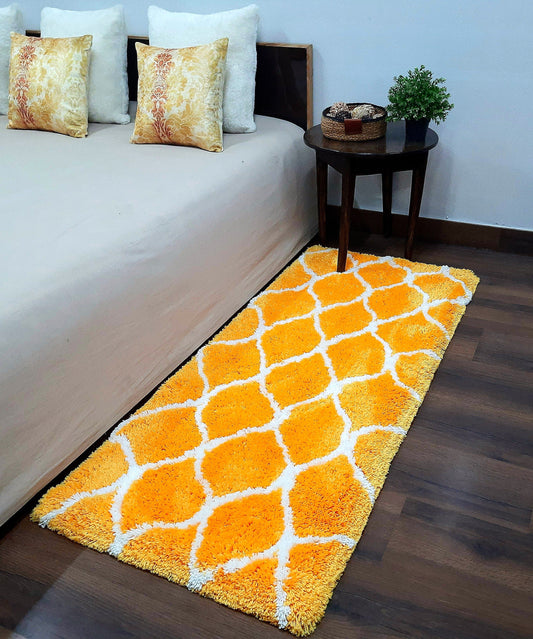Plush Premium Shaggy Yellow Carpet With White Moroccan Design /Bedside Runners by Avioni Home