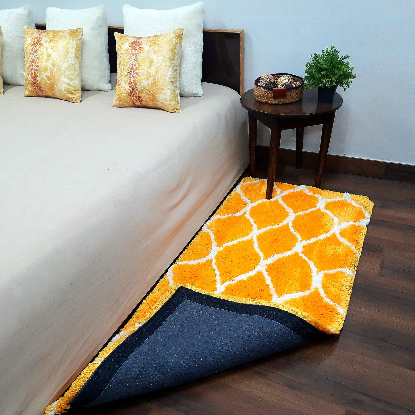 Plush Premium Shaggy Yellow Carpet With White Moroccan Design /Bedside Runners by Avioni Home