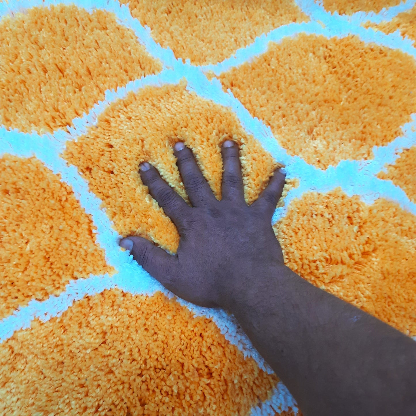 Plush Premium Shaggy Yellow Carpet With White Moroccan Design /Bedside Runners by Avioni Home