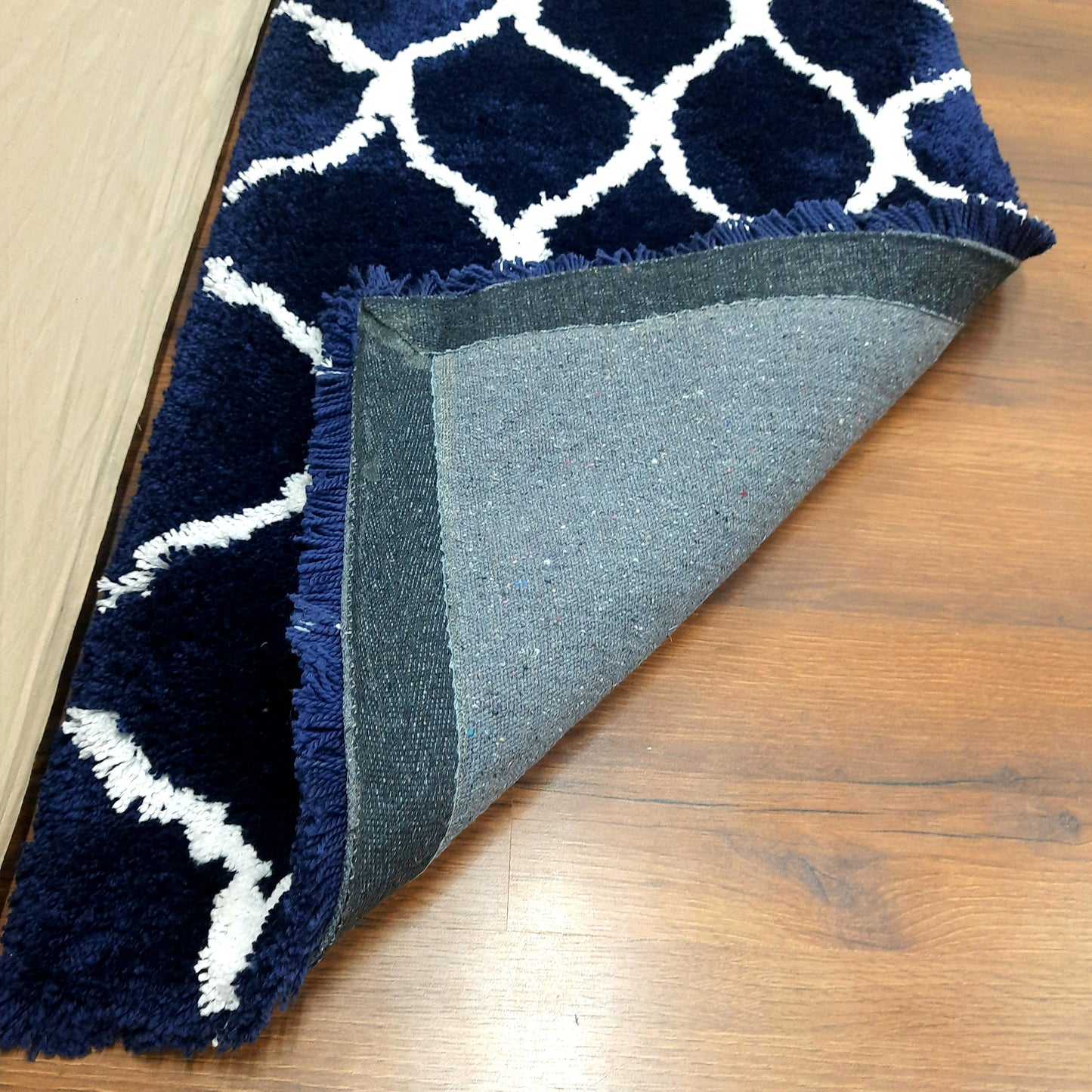 Plush Soft Washable Shaggy Navy Blue Carpet With White Moroccan Design /Bedside Runners by Avioni Home