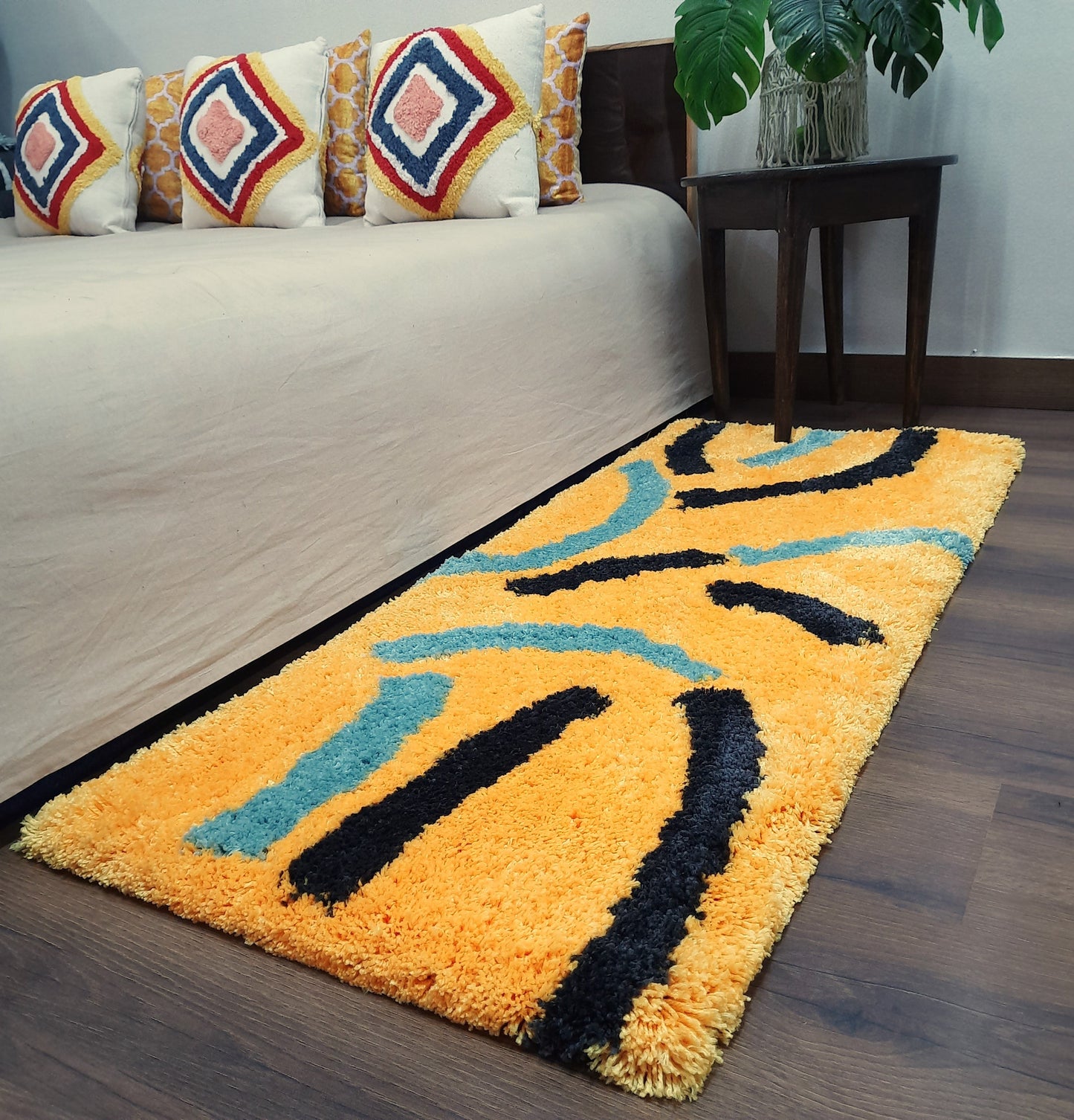 Plush Premium Shaggy Golden Yellow Base & Multi Colour With Modern Design /Bedside Runners by Avioni Home