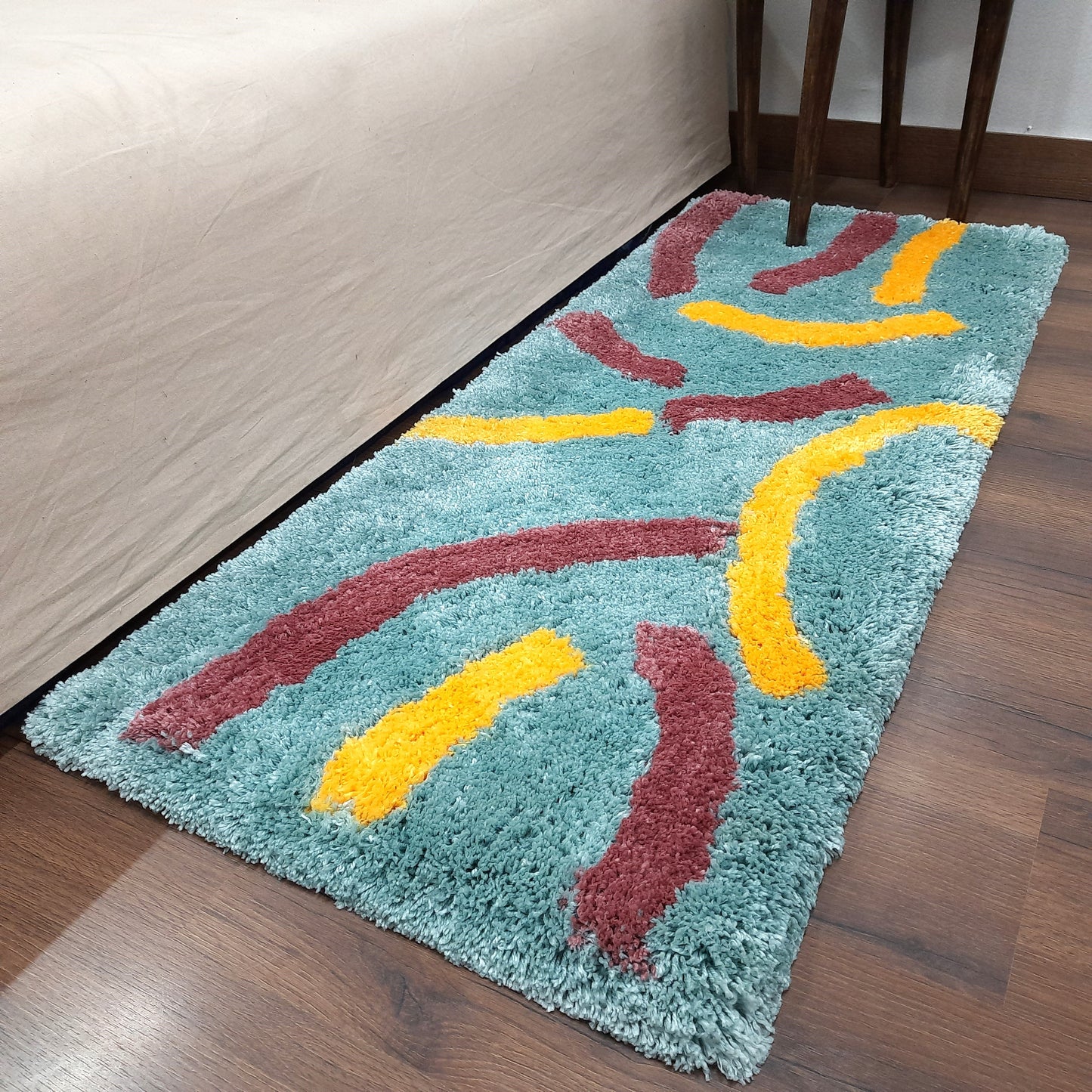 Plush Premium Shaggy Aqua Blue Base & Multi Colour With Modern Design /Bedside Runners by Avioni Home