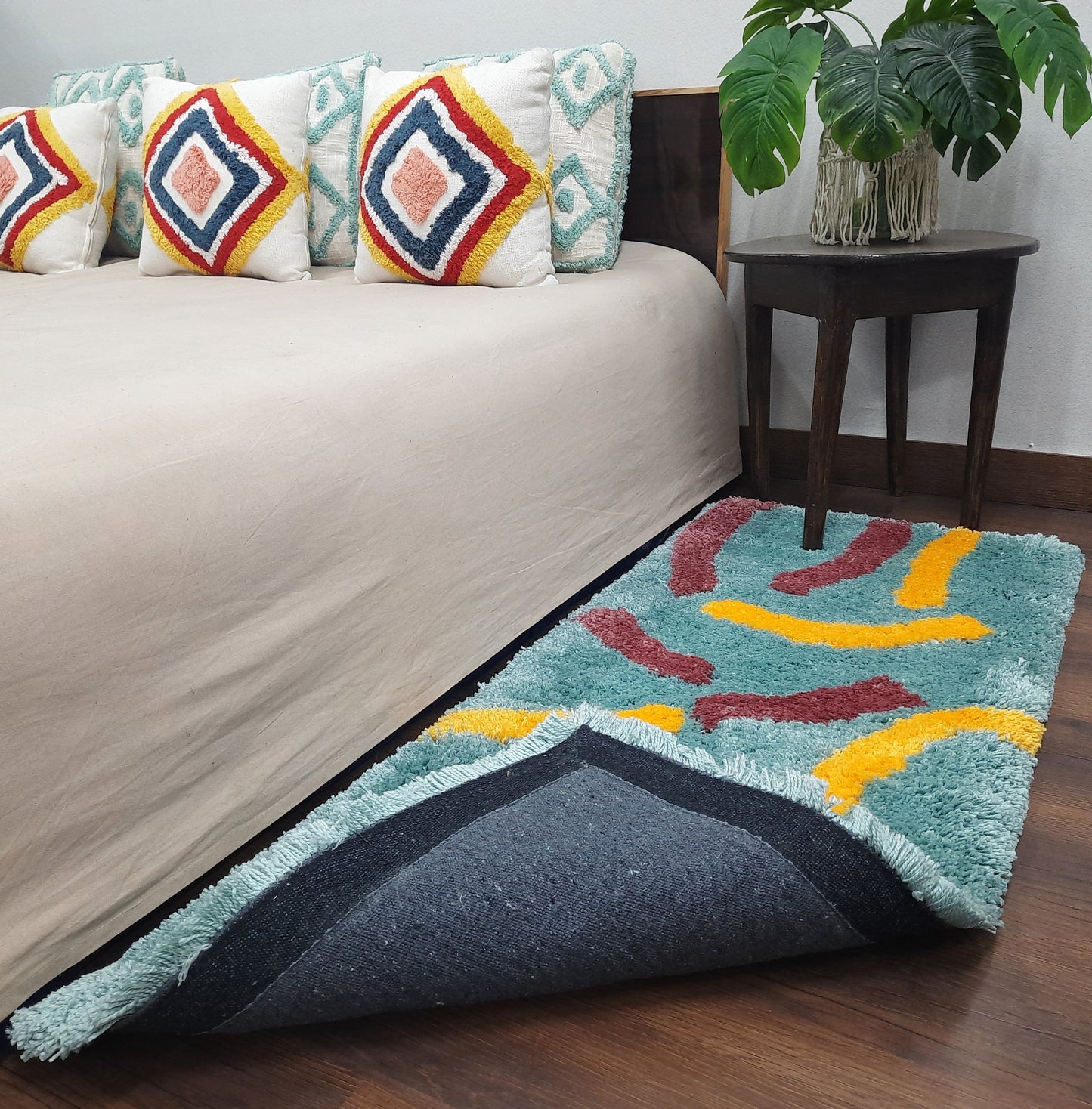 Plush Premium Shaggy Aqua Blue Base & Multi Colour With Modern Design /Bedside Runners by Avioni Home