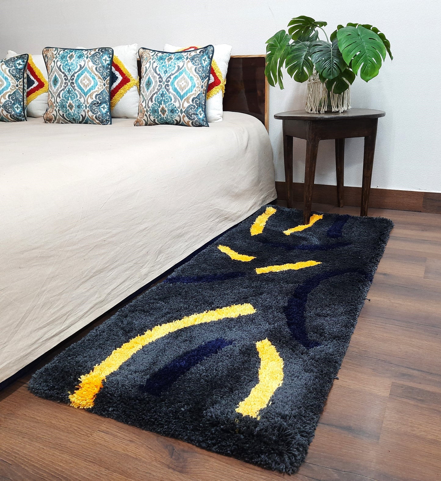 Plush Premium Shaggy Black Pearl Base & Multi Colour With Modern Design /Bedside Runners by Avioni Home