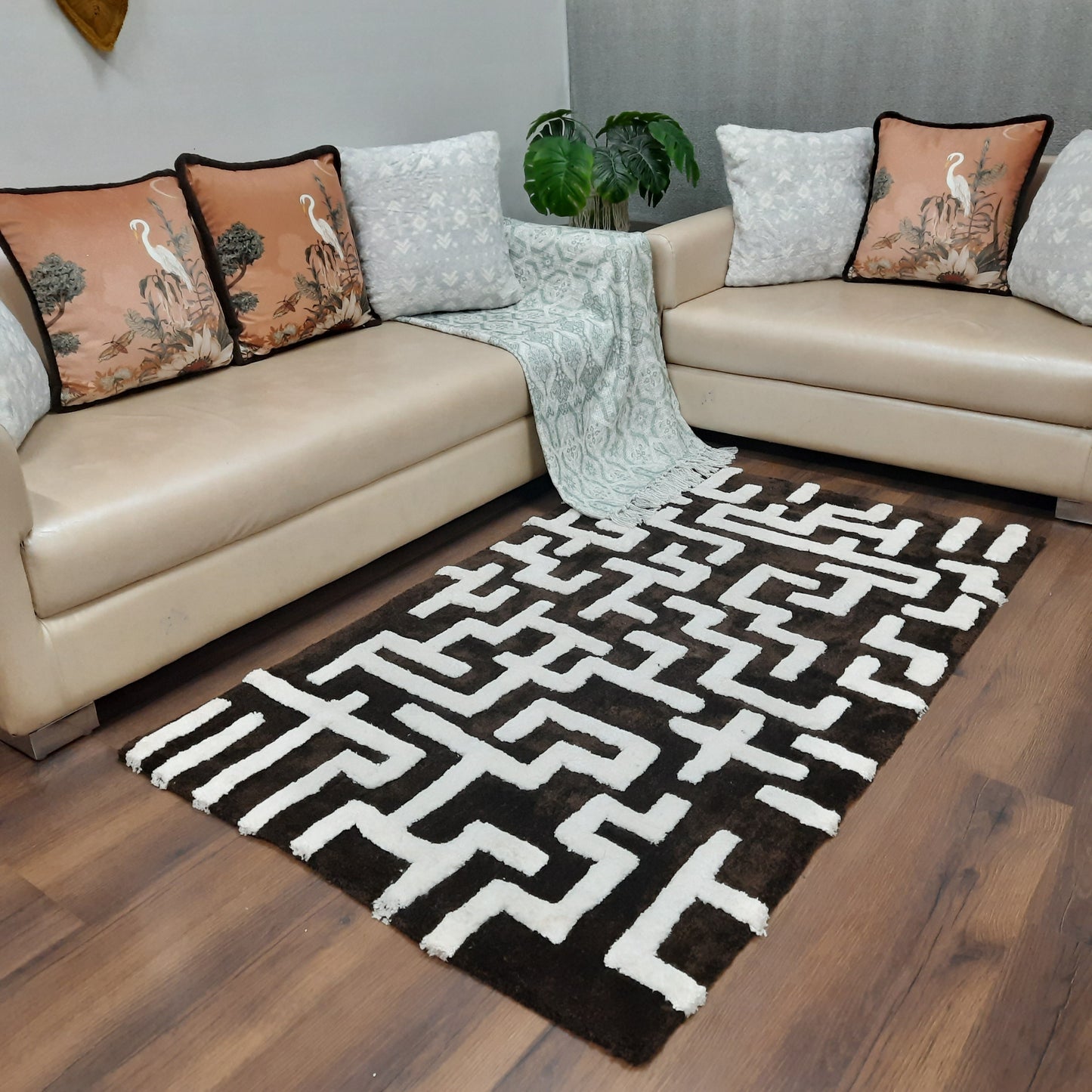 Avioni Modern Collection- Micro Dark Coffee & Ivory With Geometric Design Tufted Carpet-Different Sizes Shaggy Fluffy Rugs and Carpet for Living Room