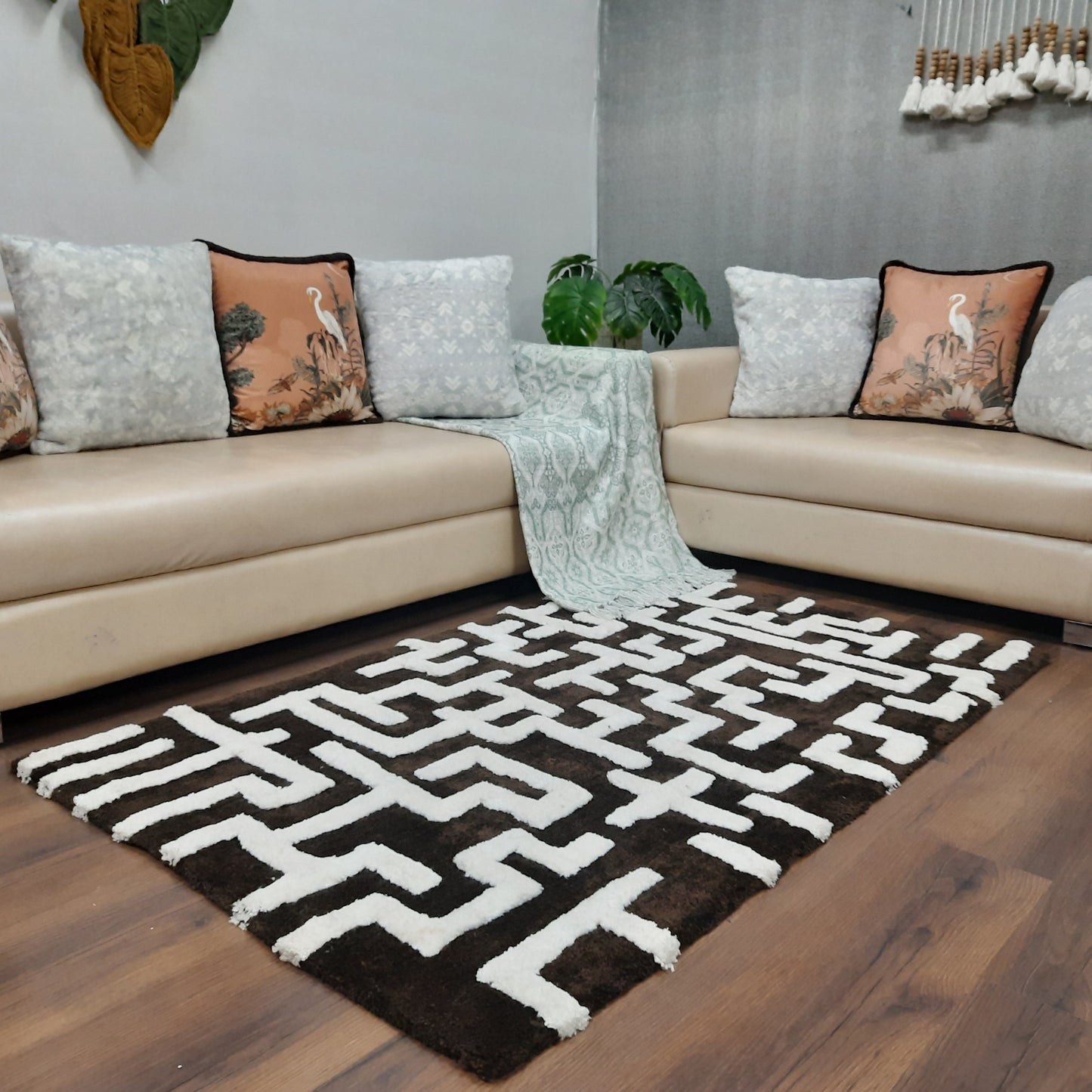 Avioni Modern Collection- Micro Dark Coffee & Ivory With Geometric Design Tufted Carpet-Different Sizes Shaggy Fluffy Rugs and Carpet for Living Room