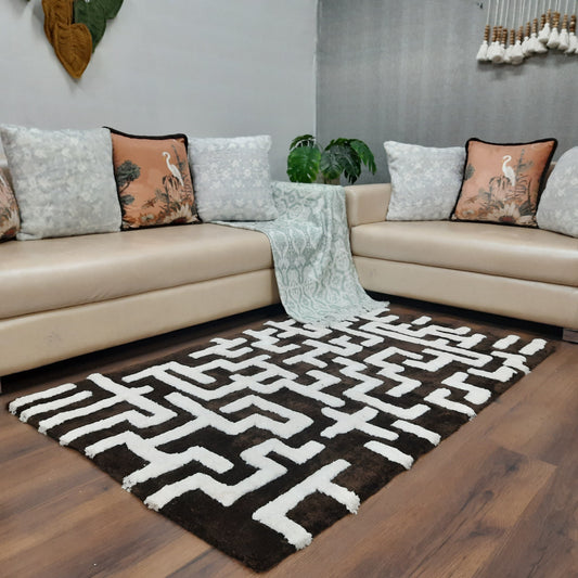 Avioni Modern Collection- Micro Dark Coffee & Ivory With Geometric Design Tufted Carpet-Different Sizes Shaggy Fluffy Rugs and Carpet for Living Room