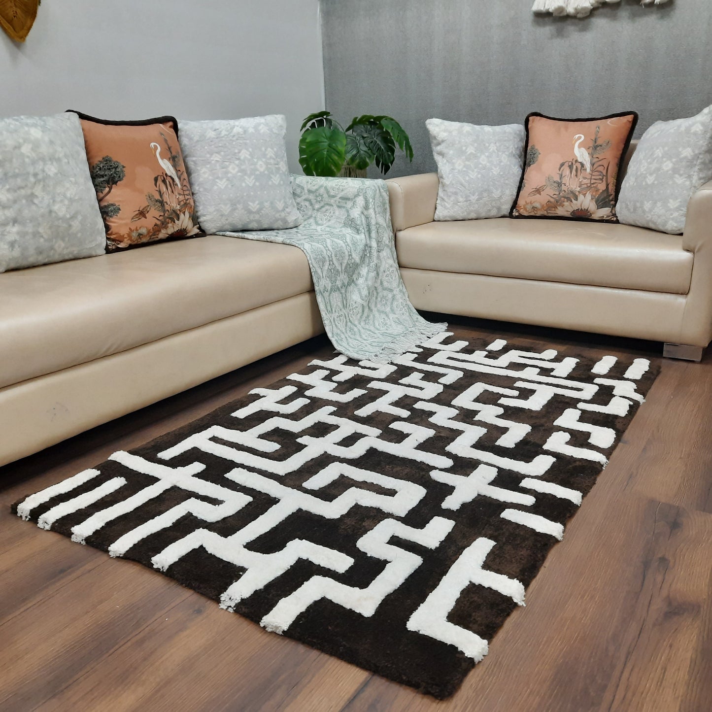 Avioni Modern Collection- Micro Dark Coffee & Ivory With Geometric Design Tufted Carpet-Different Sizes Shaggy Fluffy Rugs and Carpet for Living Room