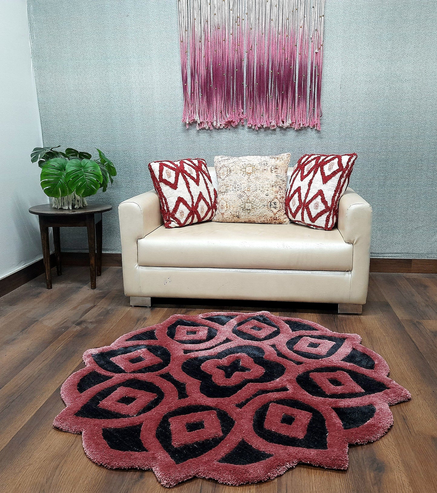 Avioni Home Rangoli Design Micro Yarn Round Carpet In Pink/Wine & Black| Soft, Non-Slip, Easy to Clean