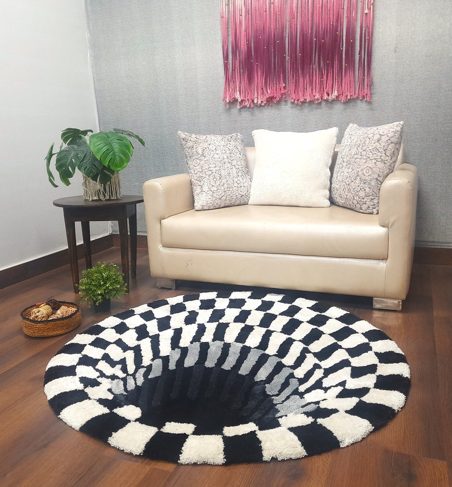 Avioni Home Vortex 3D Illusion Soft Plush Micro Yarn Round Carpet In Black & White| Soft, Non-Slip, Easy to Clean