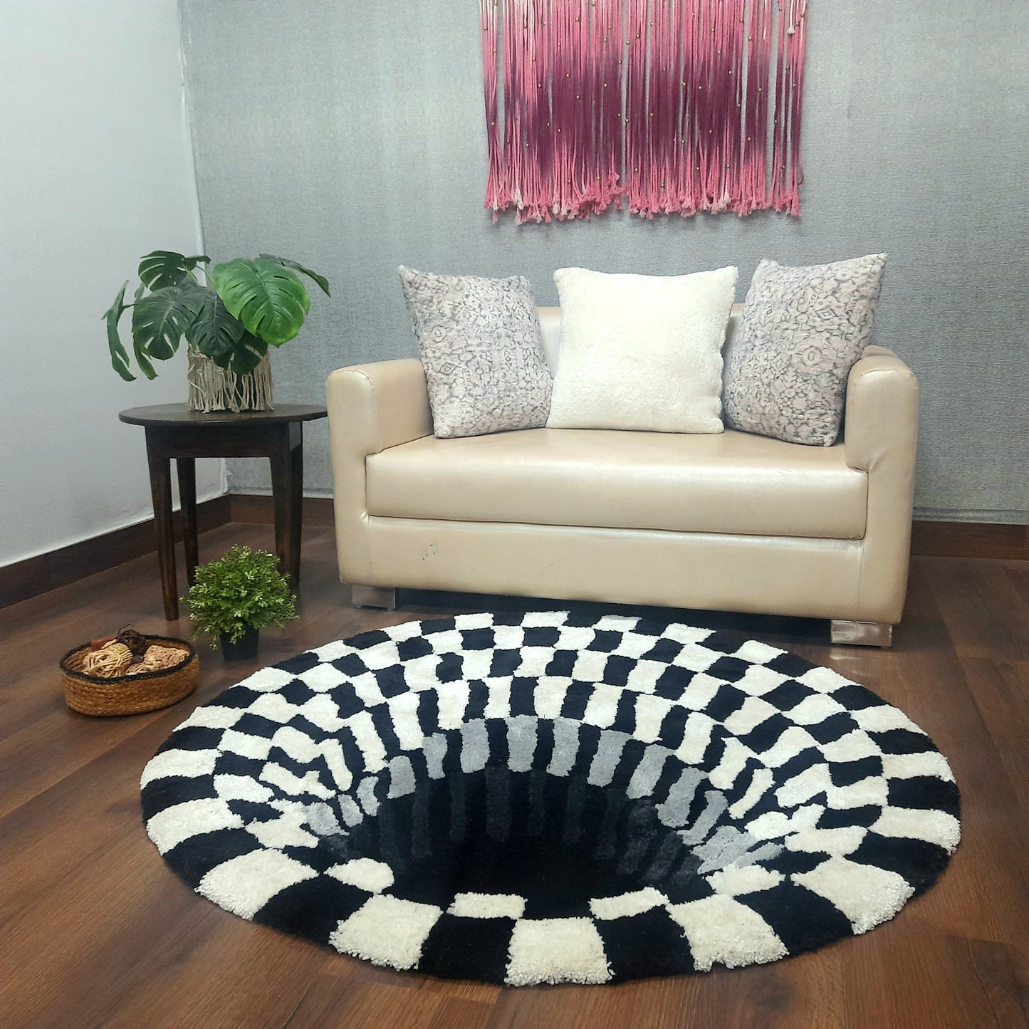 Avioni Home Vortex 3D Illusion Soft Plush Micro Yarn Round Carpet In Black & White| Soft, Non-Slip, Easy to Clean