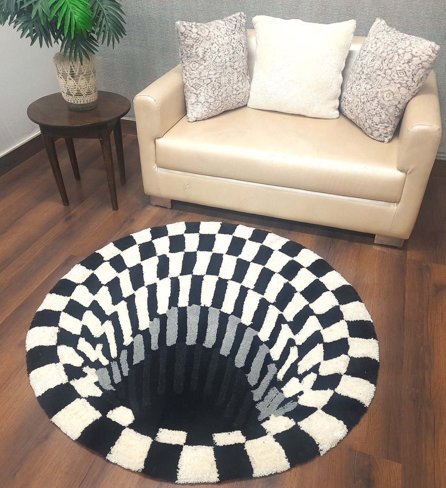 Avioni Home Vortex 3D Illusion Soft Plush Micro Yarn Round Carpet In Black & White| Soft, Non-Slip, Easy to Clean