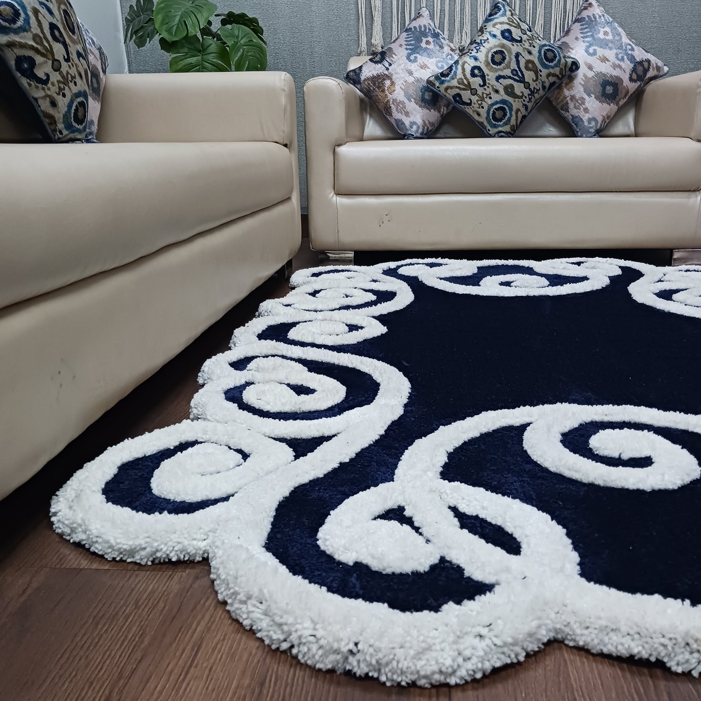 Avioni Luxury Collection- Plush Luxury Navy and White 3D Floral Border Carpet for Living / Bed Room