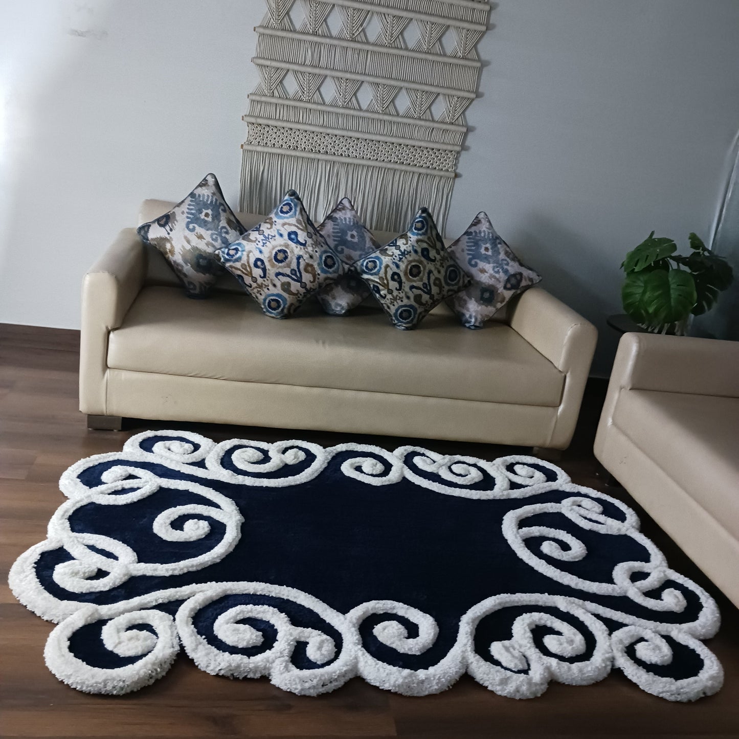 Avioni Luxury Collection- Plush Luxury Navy and White 3D Floral Border Carpet for Living / Bed Room