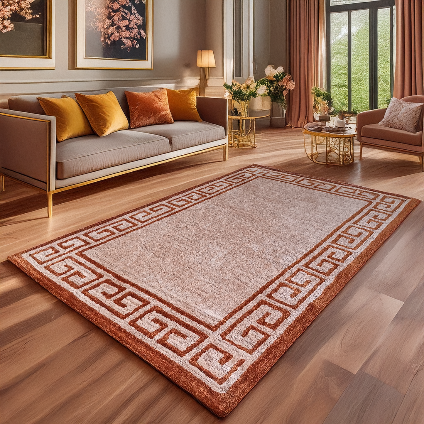 Avioni Luxury Collection- Plush Luxury Beige and Brown Carpet with Greek Border Design -Different Sizes- Carpet for Living Room