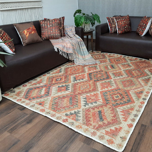 Avioni Kilim Design Inspired Natural Jute Rug with Cotton Backing | Multiple Sizes Available