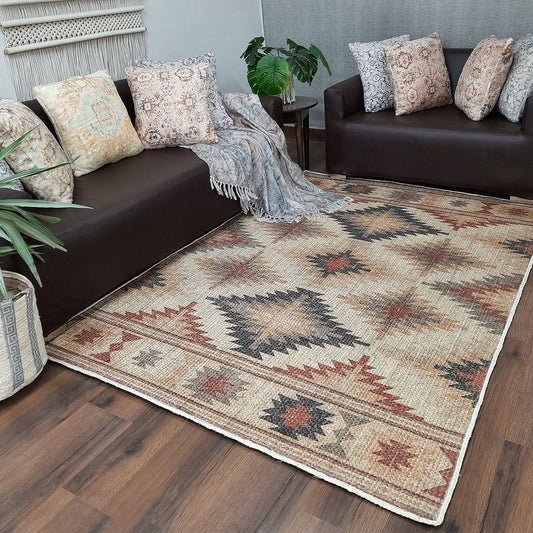 Avioni Kilim Design Inspired Natural Jute Rug with Cotton Backing | Multiple Sizes Available