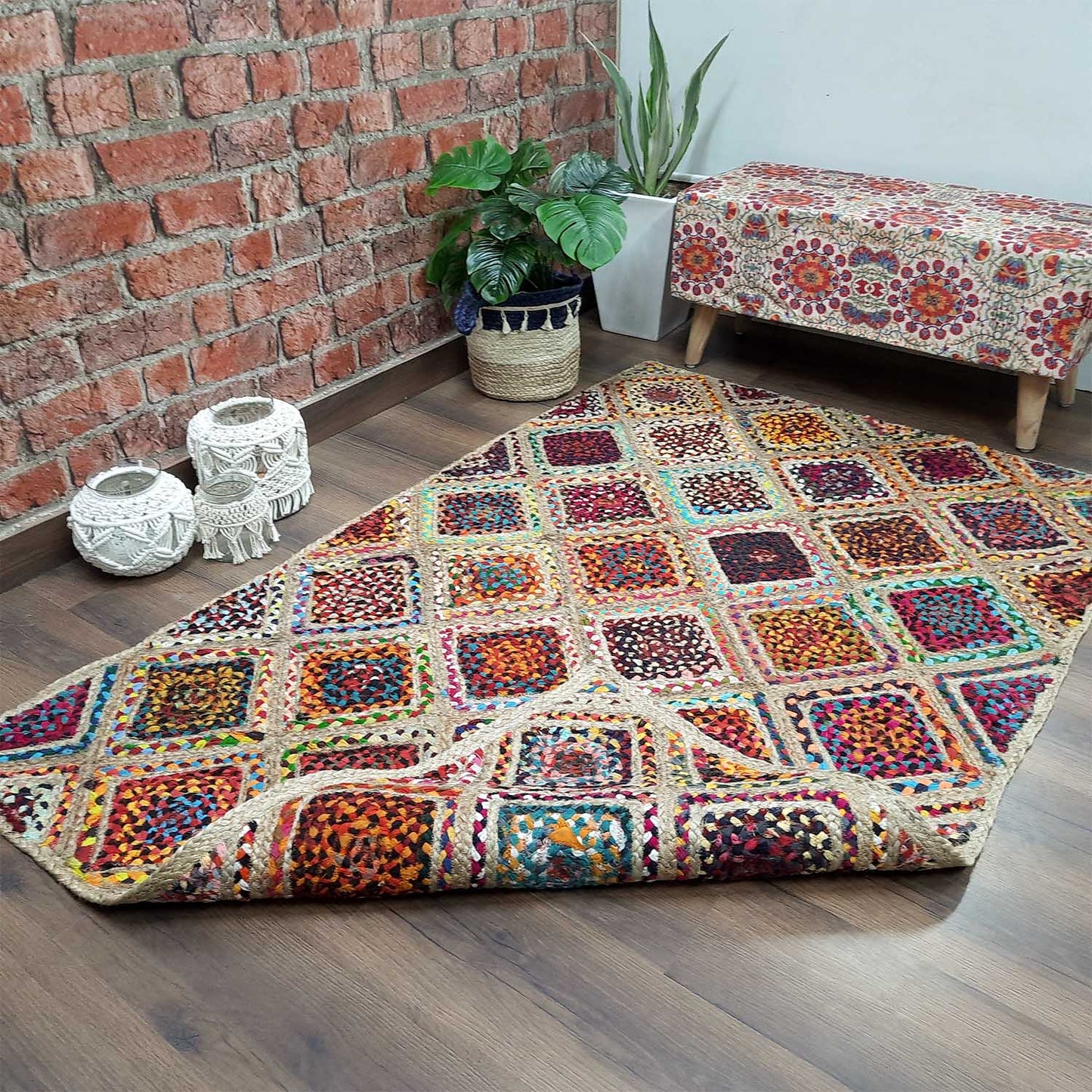 Avioni Premium Boho Collection-Chindi With Jute Diamond -Multicolor With Jute Area Rug/ Carpet- Multiple Sizes