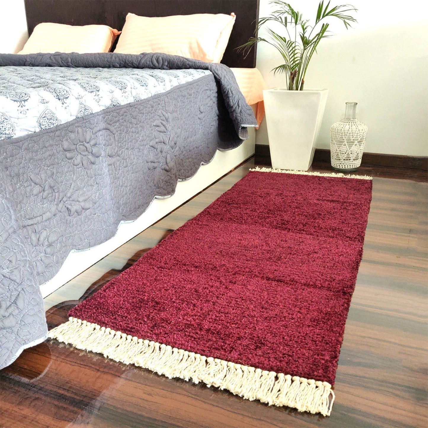 Avioni Bedside/Hallway/Pooja Carpets In Faux Silk Mahroon Plain With Lurex-(55cm x 137cm (~22″ x 55″))