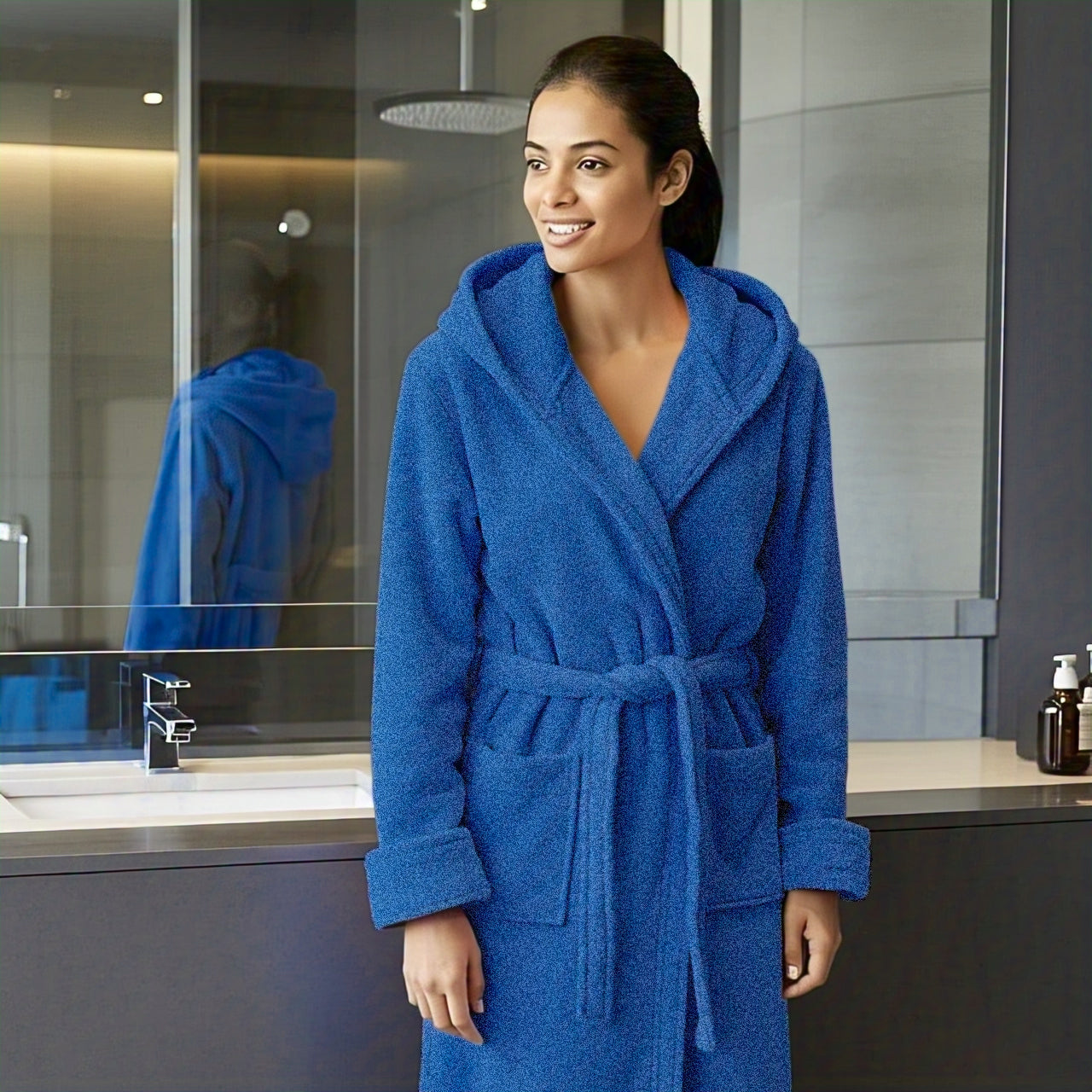 Avioni by Loomkart  | Very Fine Export Quality Bath Robes in Blue With Hood in Avioni Zip-Packing Unisex