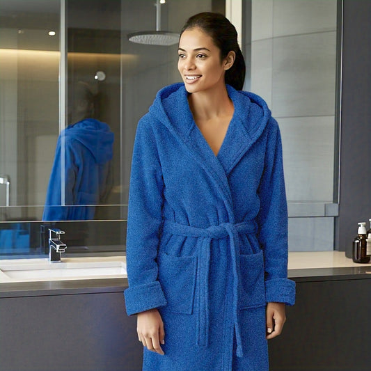 Avioni by Loomkart  | Very Fine Export Quality Bath Robes in Blue With Hood in Avioni Zip-Packing Unisex