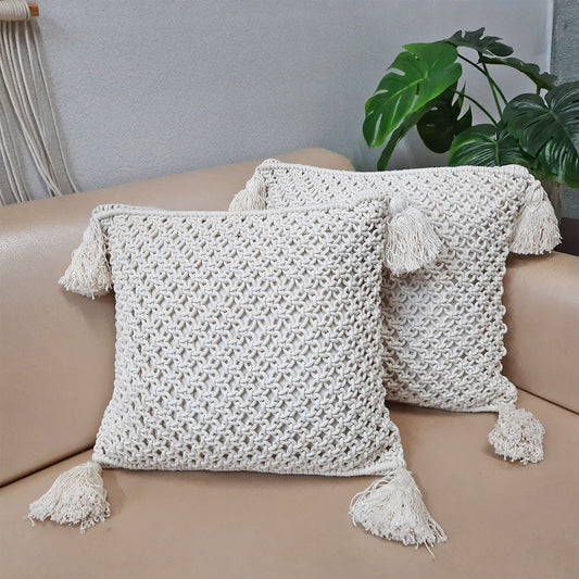 Set of Two – Bohemian Style Hand Knotted Macrame Cushion Covers 100% Bleached Cotton- 16X16 Inch (~40×40 cms)