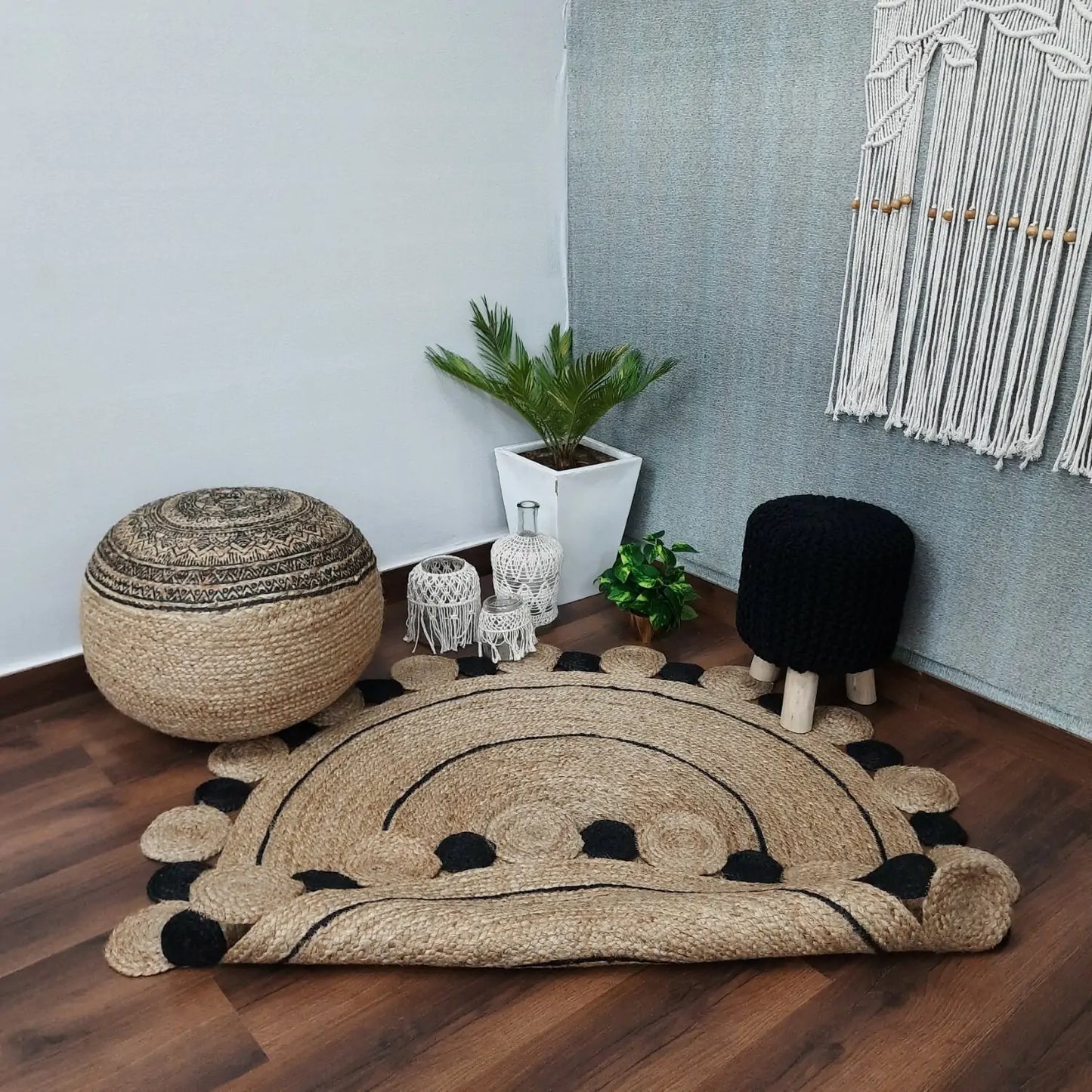 Avioni Natural Jute With Black Border Braided Carpet Eco Friendly-Multicolour Boho Collection-Multiple Sizes