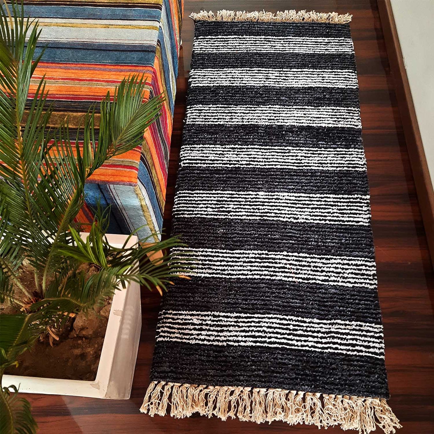 Avioni Bedside/Hallway/Pooja Carpets In Faux Silk Black Gray-56cm x 140cm (~22Inch x 55Inch)