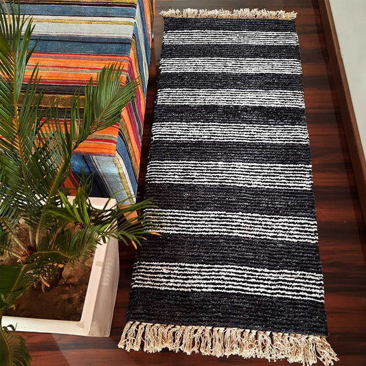 Avioni Bedside/Hallway/Pooja Carpets In Faux Silk Black Gray-56cm x 140cm (~22Inch x 55Inch)