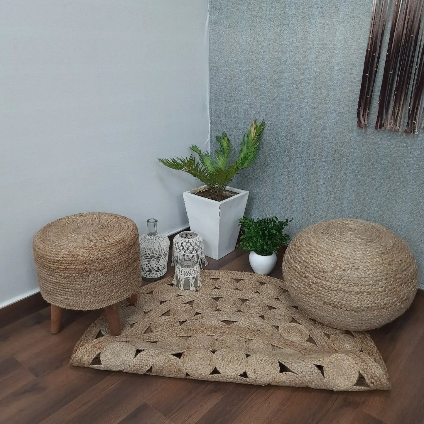 Avioni Natural Jute With Small Circles Braided Carpet Eco Friendly- Boho Collection-Multiple Sizes
