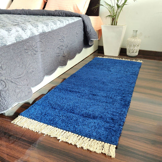Clearance sale-Avioni Bedside/Hallway/Pooja Carpets In Faux Silk Blue-56 cm X 140 cm (~22 Inch X 55 Inch)