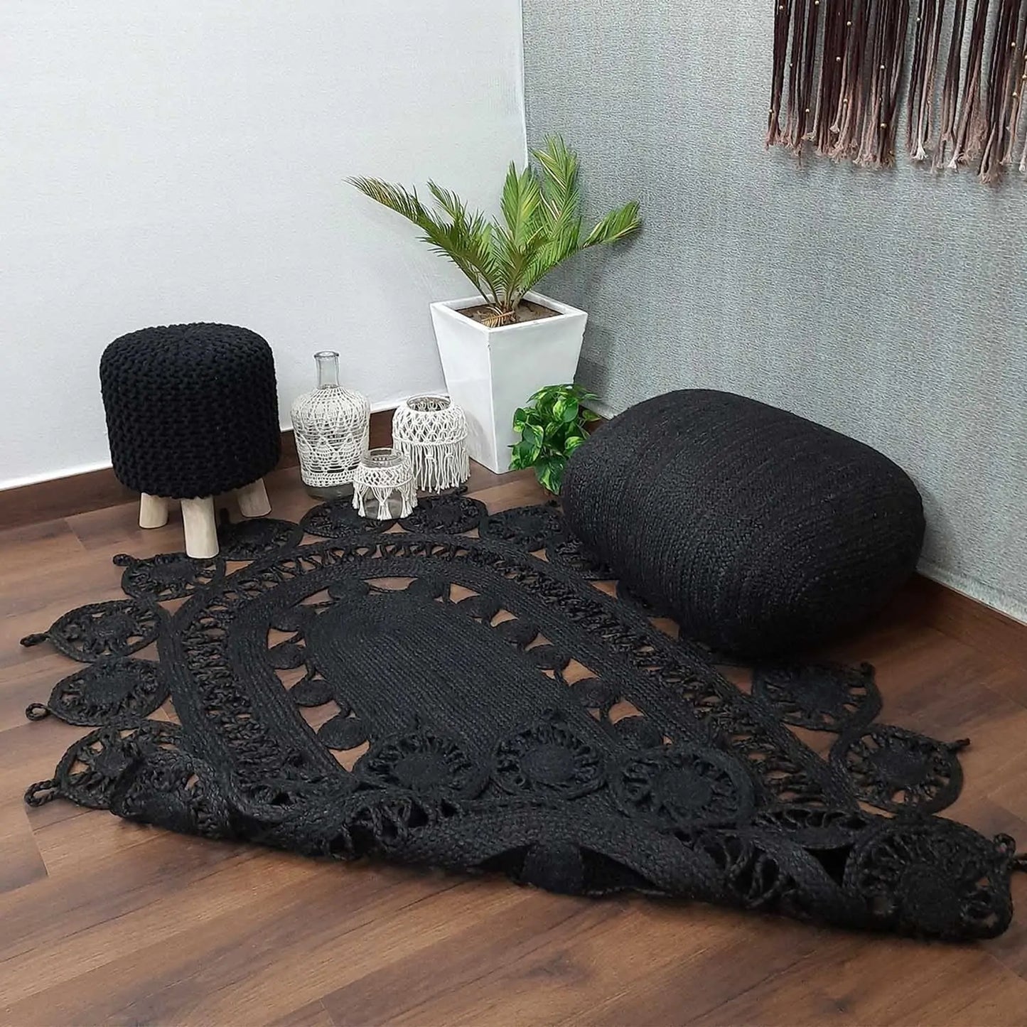 Avioni Braided Black Dyed Jute Ecofriendly Carpet Temple Design Oval Shape-Boho Collection- 120 cm x 180 cm (~4 feet X 6 feet)