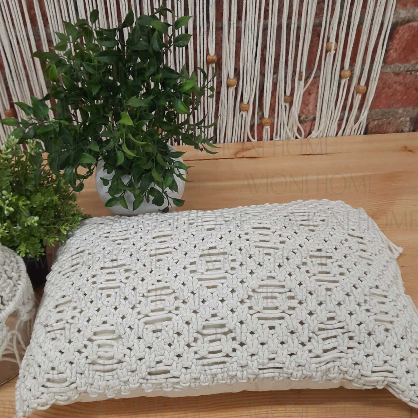 Bohemian Style Hand Knotted Macrame Cushion 100% Bleached Cotton With Filler- 12X20 Inch (30×50 cms)