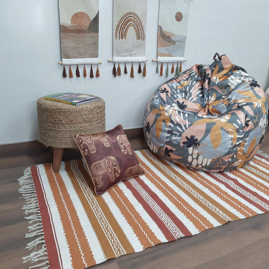 Avioni 100% Cotton Handloom Floor Rug / Durrie – Neohome Collection – Brown Tones and White-90cm x 150cm (~3 feet x 5 feet)