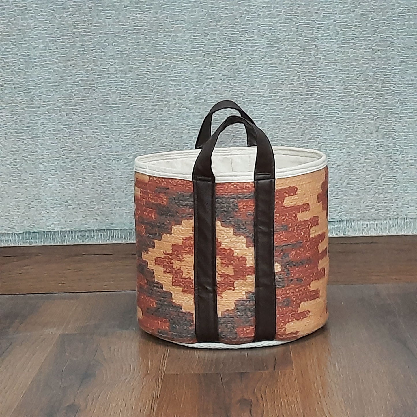 Avioni Home Hand Braided Ethnic Pattern Cotton Basket | Leatherette Handles | Canvas Inner for Extra Strength | Size: 28 x30 cms (~11×12 inch)