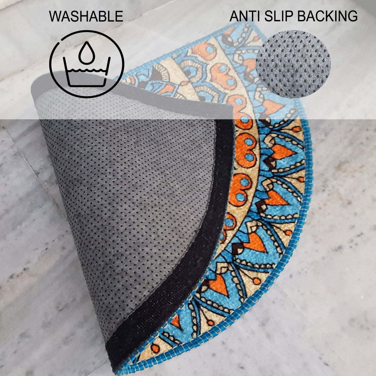 Avioni Home Floor Mats in Beautiful Blue Tone Rangoli Design | Half Circle Rugs | Anti Slip, Durable & Washable | Outdoor & Indoor